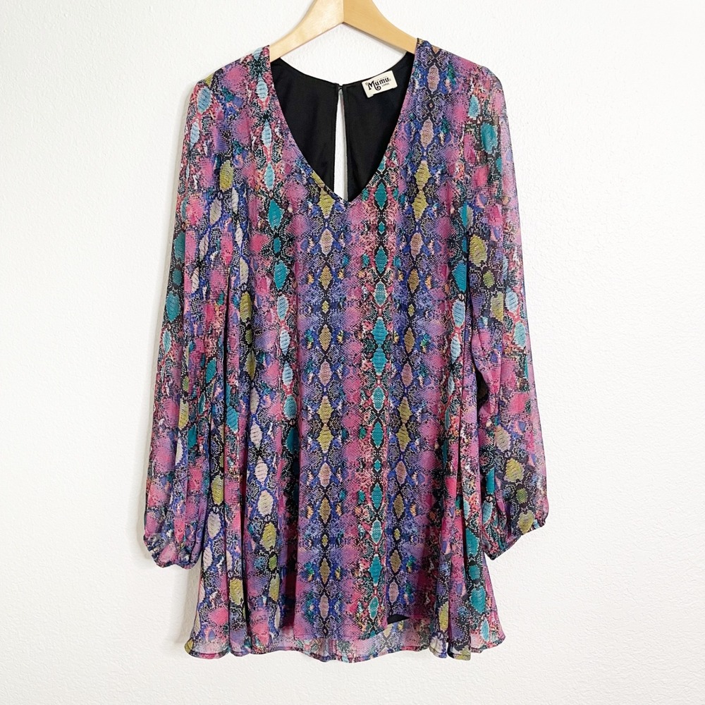Show Me Your Mumu Large Multi Color Snakeskin V-Neck Balloon Sleeve‎ Mini Dress